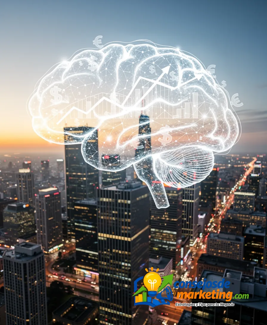 a stylized brain glowing with interconnected nodes over a city.