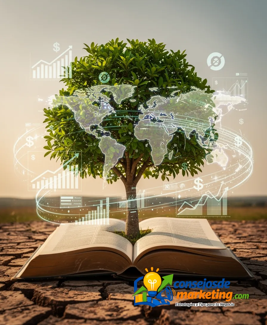 A vibrant tree growing from an open book on cracked earth.