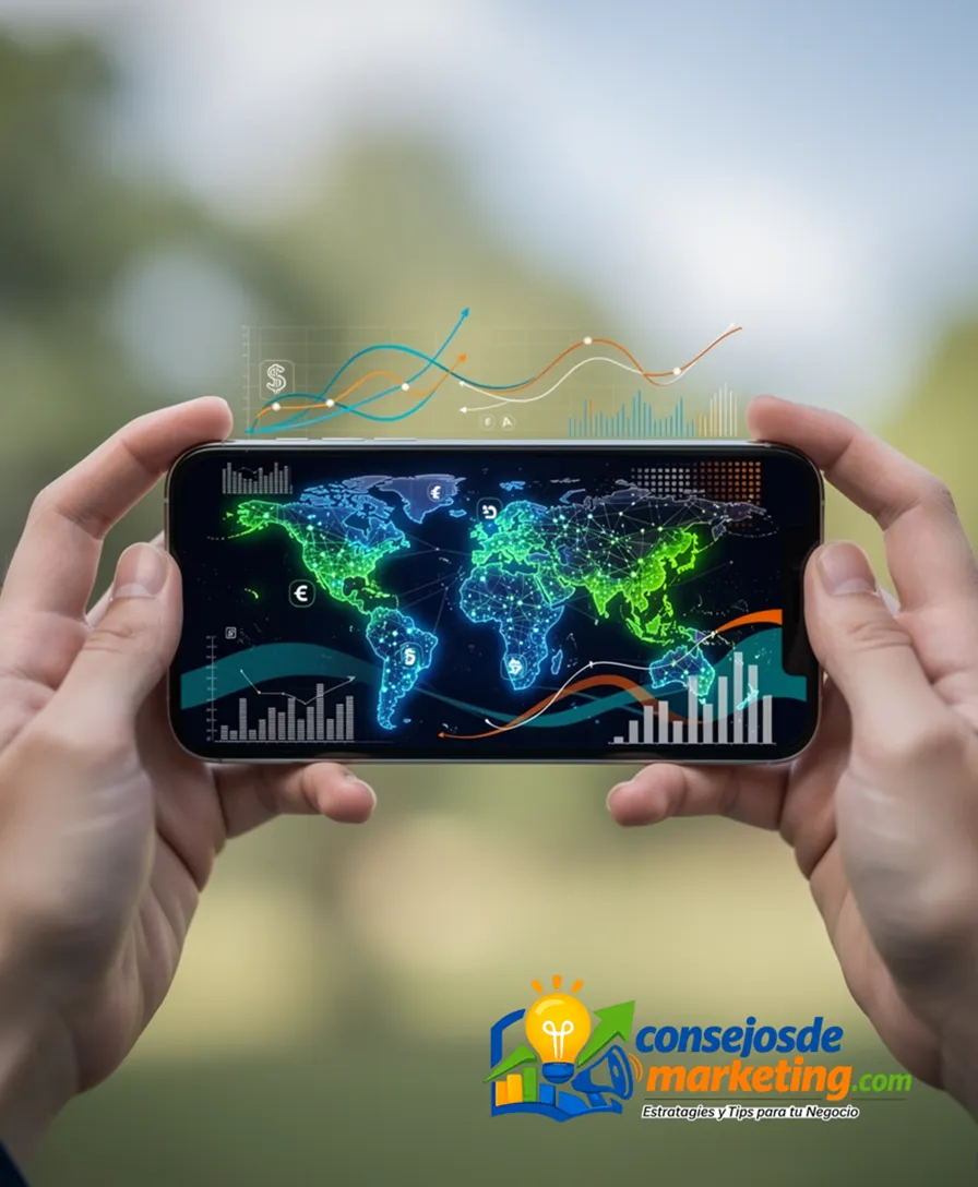 hands holding a smartphone displaying a global map with interconnected glowing nodes.