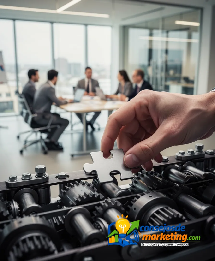 A hand placing a puzzle piece into a factory assembly line, creating a perfect fit.