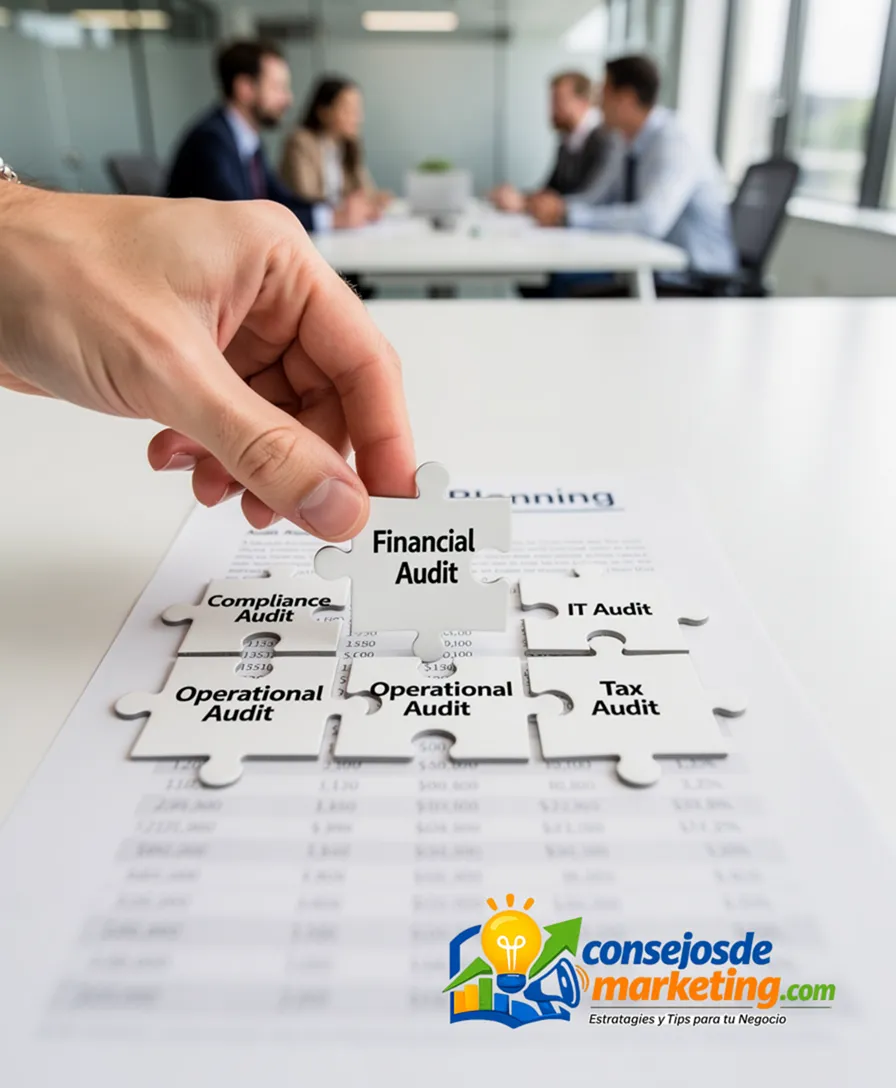 a hand placing puzzle pieces labeled with different audit types onto a document.