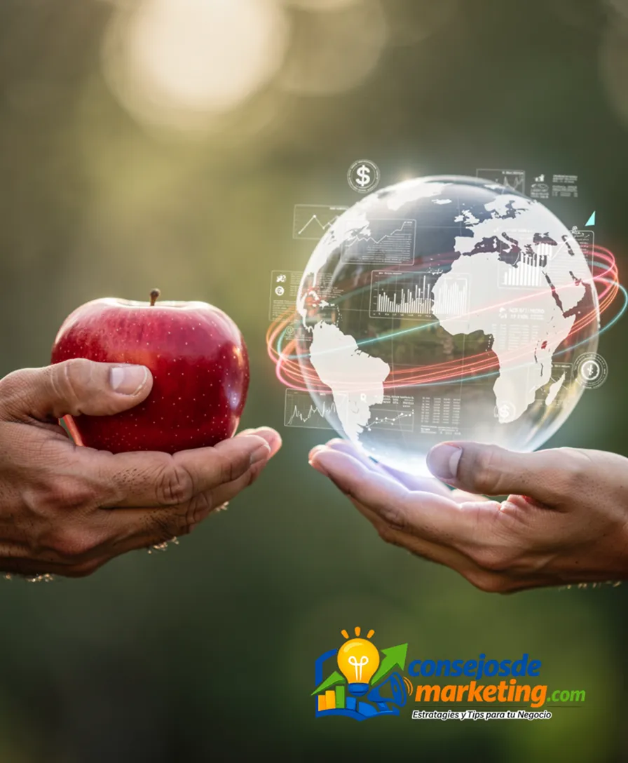 hands exchanging an apple for a glowing digital sphere.
