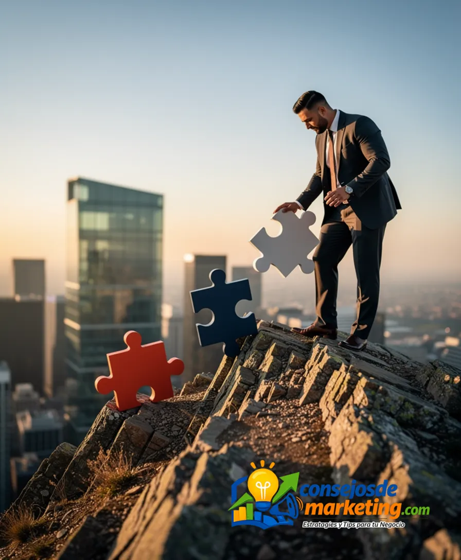 a person placing four ascending puzzle pieces onto a mountain peak.